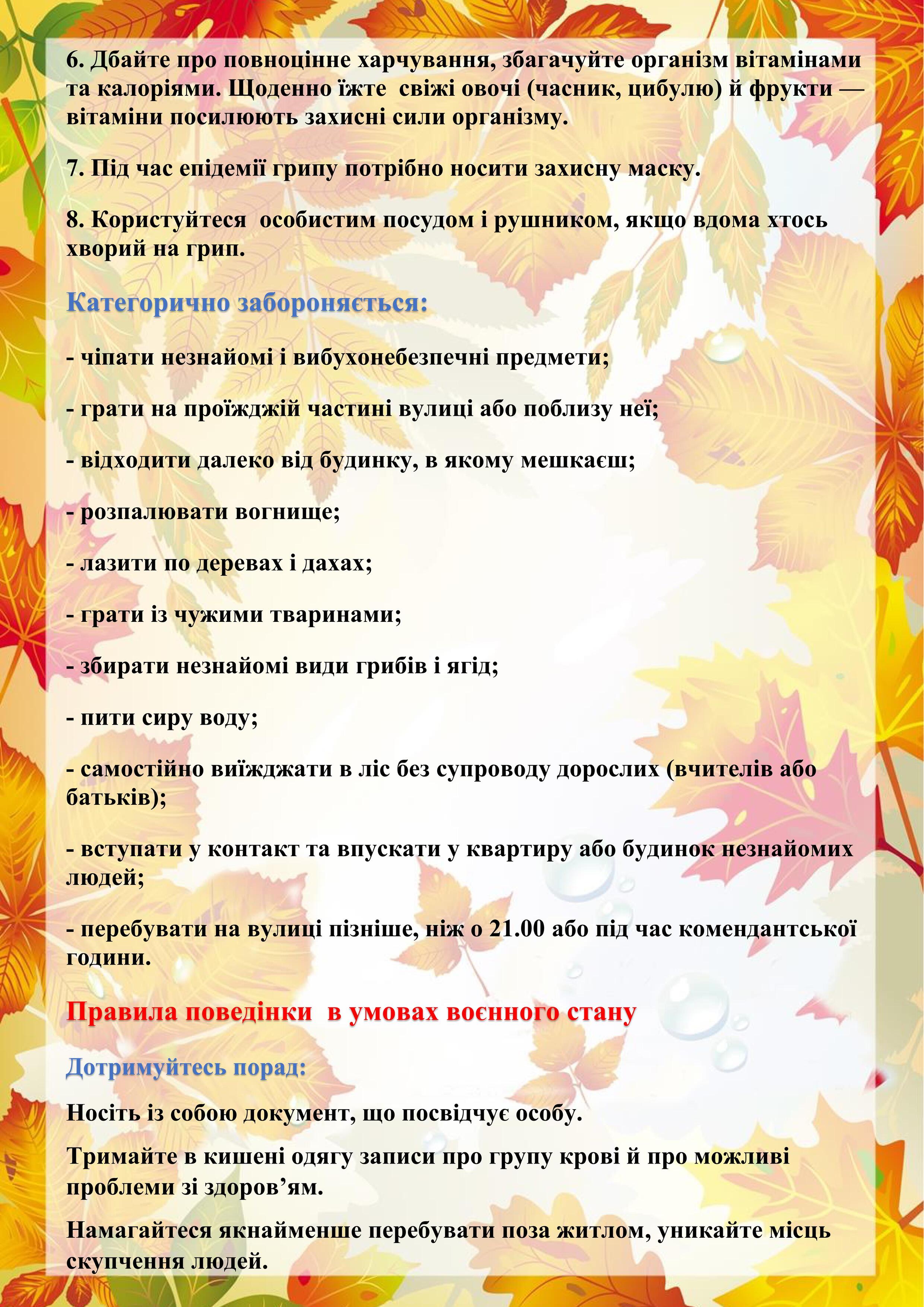Памятка на осінні канікули 2